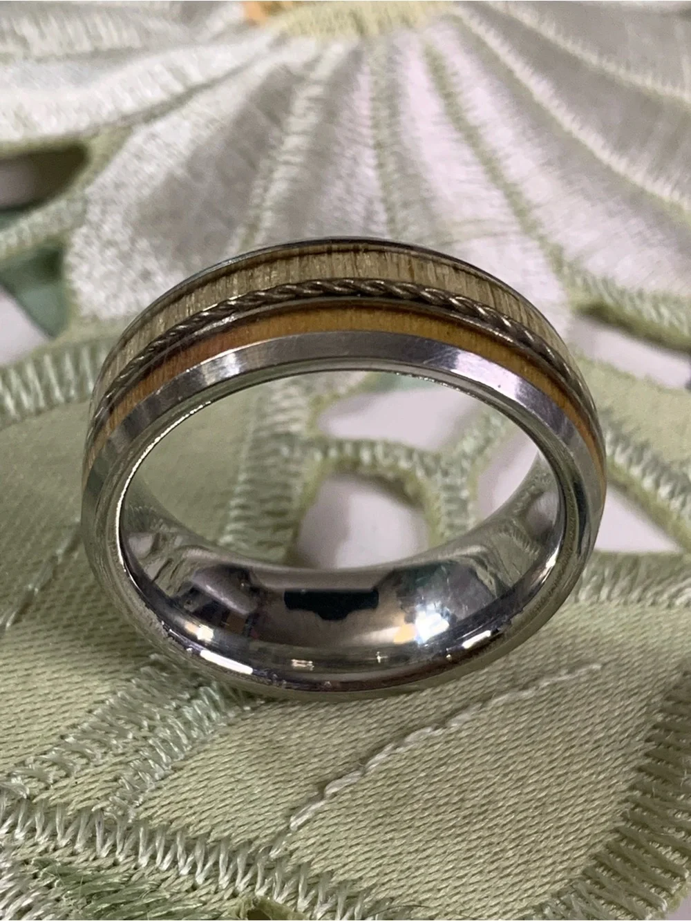 Two-Tone Wood Inlay Men's Titanium  Ring - Brown